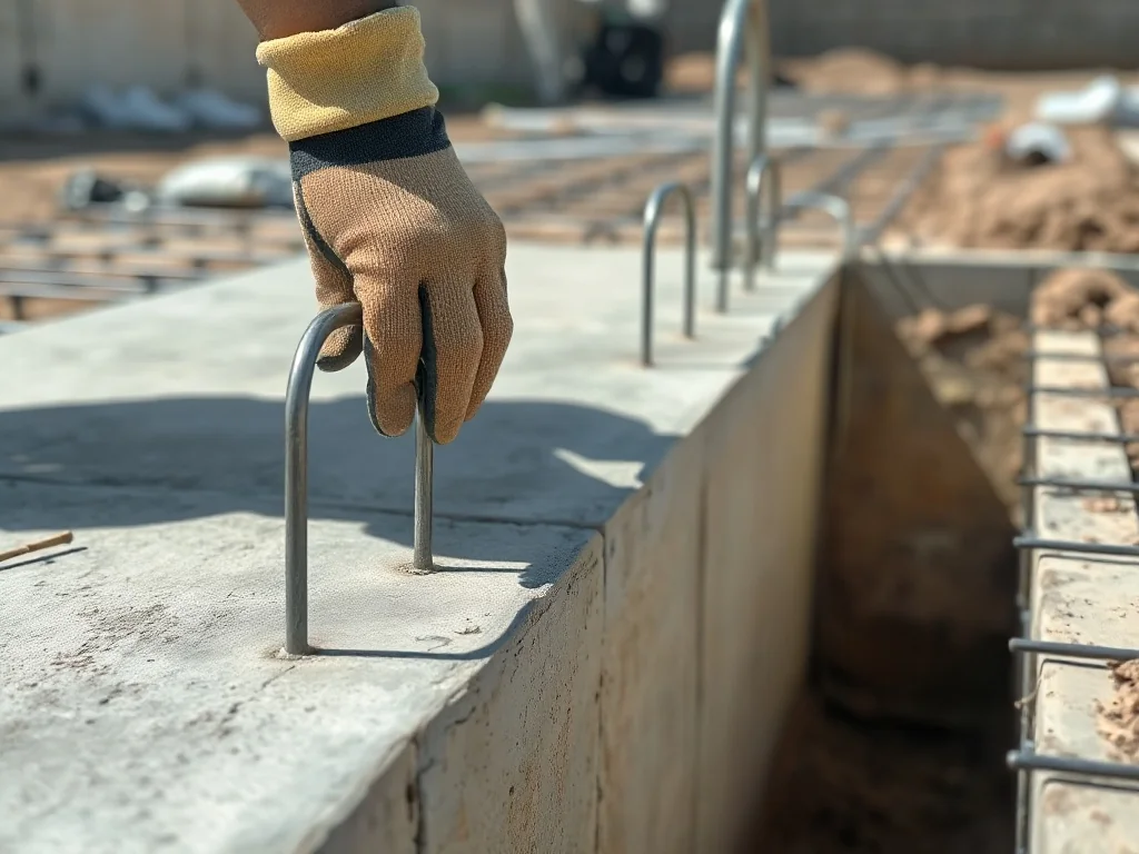 Pracownik układa prostokątne strzemiona zbrojeniowe na betonie, przygotowując zbrojenie pod fundament.