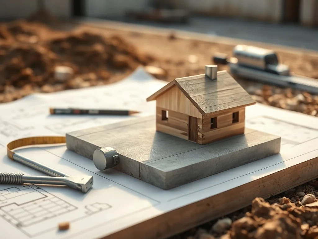 Model drewnianego domku na betonowym fundamencie leży na planach budowy obok miarki i ołówka, symbolizując koszt fundamentu.