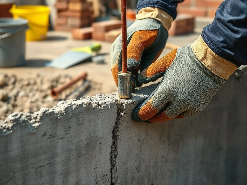 Ręce budowlańca łączą stare pęknięte fundamenty z nowym betonem za pomocą zbrojenia i metalowych łączników