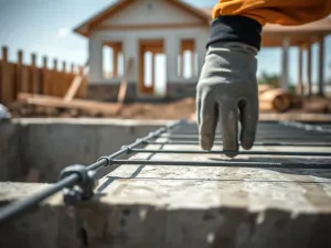 Pracownik sprawdza świeżo wylany, wygładzony fundament betonowy przy deskowaniu na tle budowy domu jednorodzinnego.