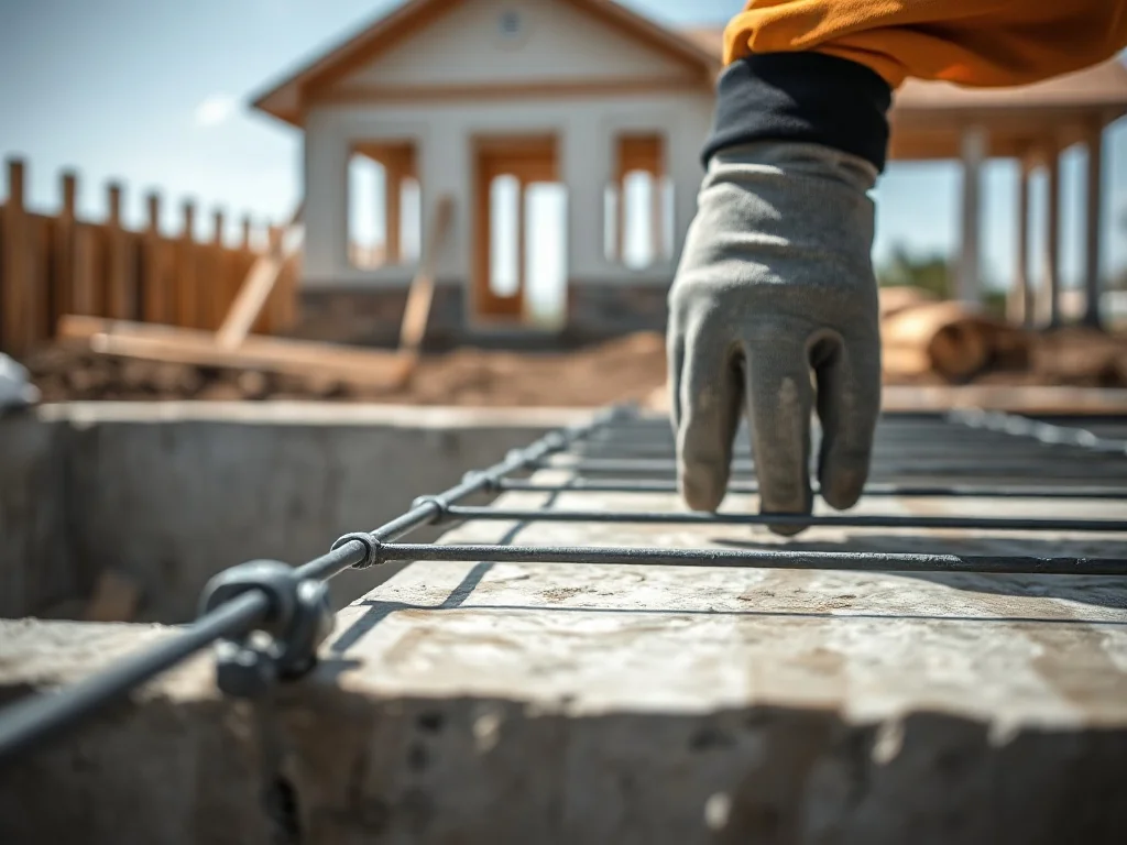 Ręce budowlańca nad zbrojeniem na świeżym fundamencie betonowym przy budowie domu, przygotowanie pod odpowiednią klasę betonu.