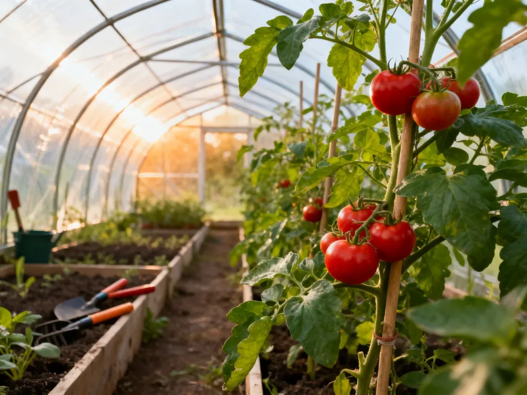 Dojrzałe krzaki pomidorów z czerwonymi owocami wewnątrz jasnego tunelu foliowego, ustawione w uporządkowanych rzędach.