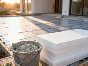 Czarna folia kubełkowa zamontowana na ścianie fundamentowej, zapewniająca izolację przeciwwilgociową i drenaż.