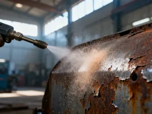 Zbliżenie na mechanizm bramy przesuwnej z rolkami i szyną jezdną zamontowaną na metalowej ramie.