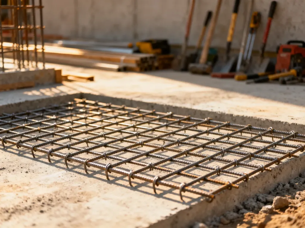 Metalowa siatka zbrojeniowa rozłożona na podłożu przed wylaniem betonu, przygotowana do wykonania wylewki.