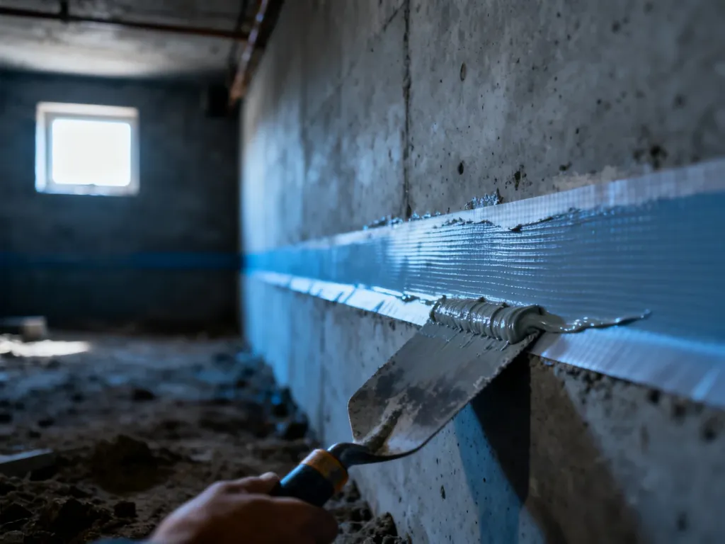 Profesjonalne nakładanie warstwy hydroizolacyjnej na przekrój ściany fundamentowej w piwnicy.