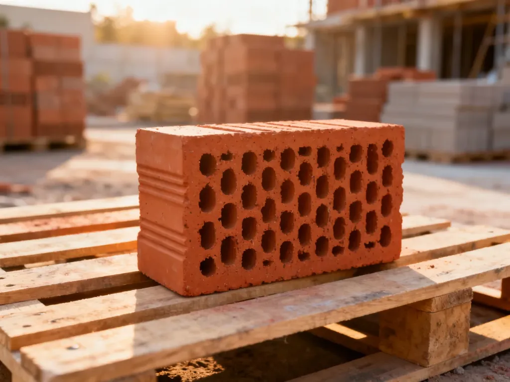 Pojedynczy pustak ceramiczny typu max na drewnianej palecie na tle placu budowy.