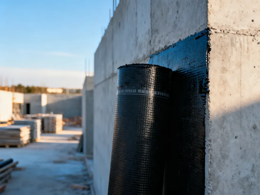 Aplikacja czarnej masy hydroizolacyjnej na betonowe ściany fundamentowe nowoczesnego budynku w trakcie budowy.
