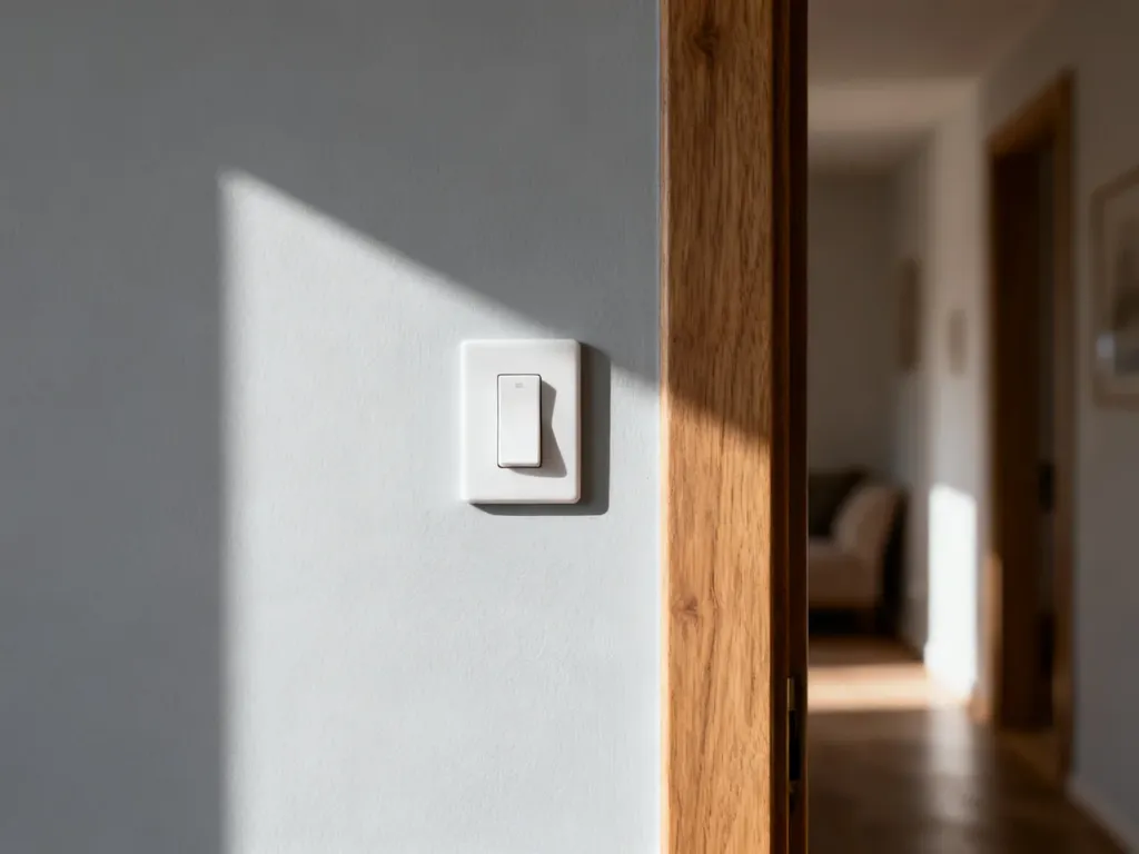 Minimalistyczny włącznik światła zamontowany na jasnej ścianie obok drewnianej ościeżnicy drzwi.