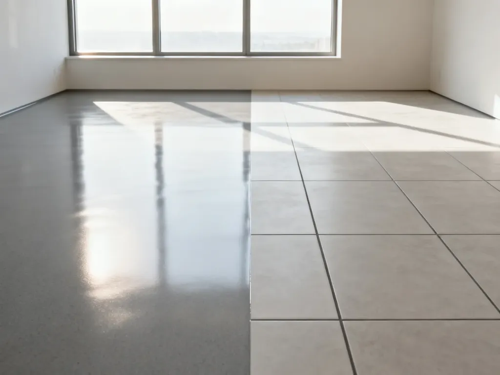 Porównanie nowoczesnej posadzki żywicznej i klasycznych płytek ceramicznych w jasnym, minimalistycznym wnętrzu.