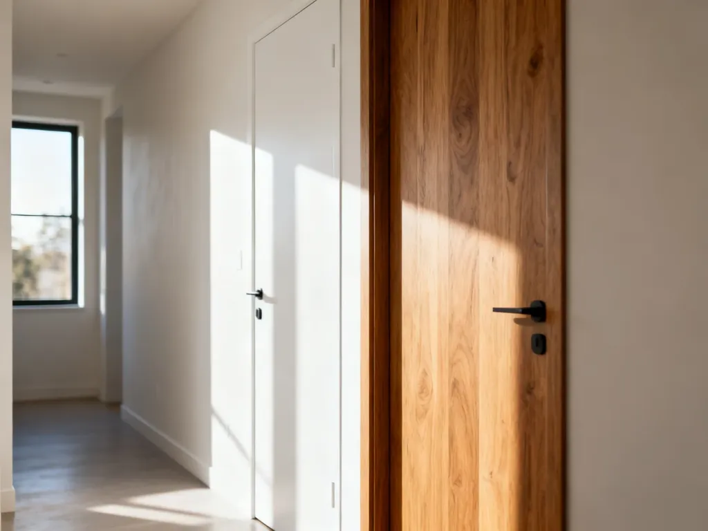 Porównanie minimalistycznych białych drzwi oraz modelu w kolorze dębu w jasnym, nowoczesnym wnętrzu.