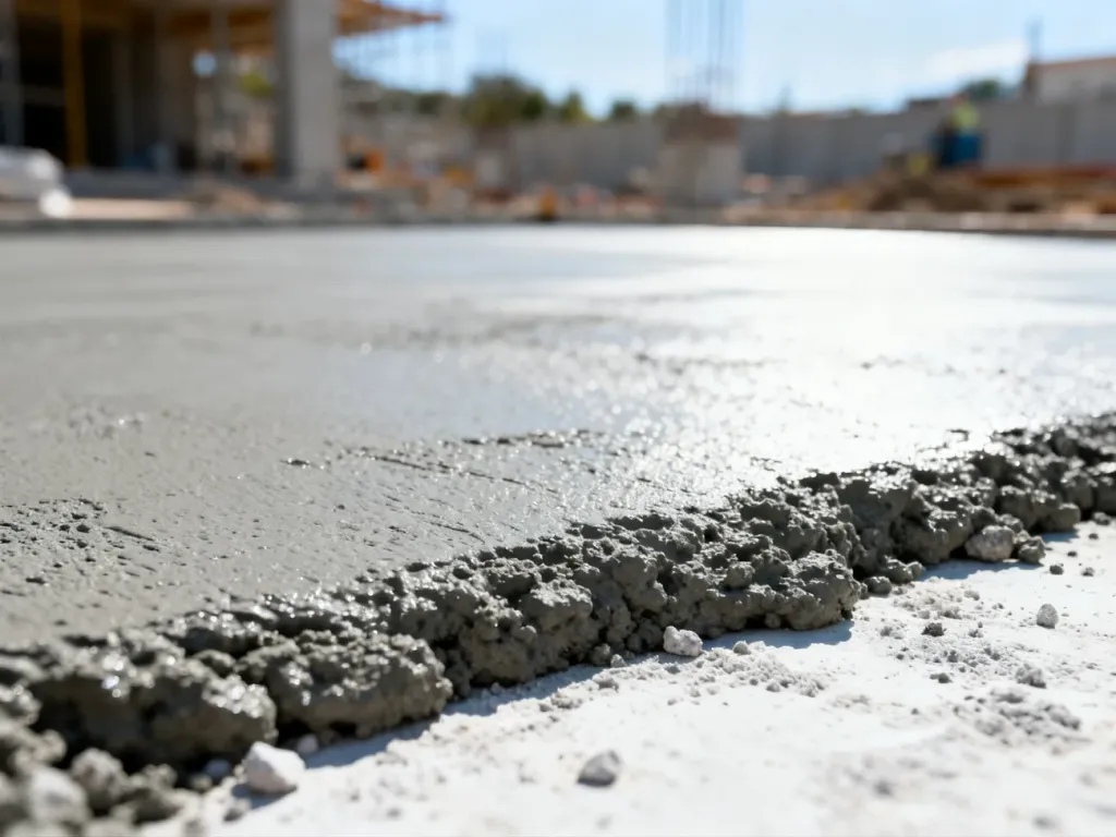 Świeża warstwa chudego betonu na placu budowy o widocznej, porowatej strukturze kruszywa.