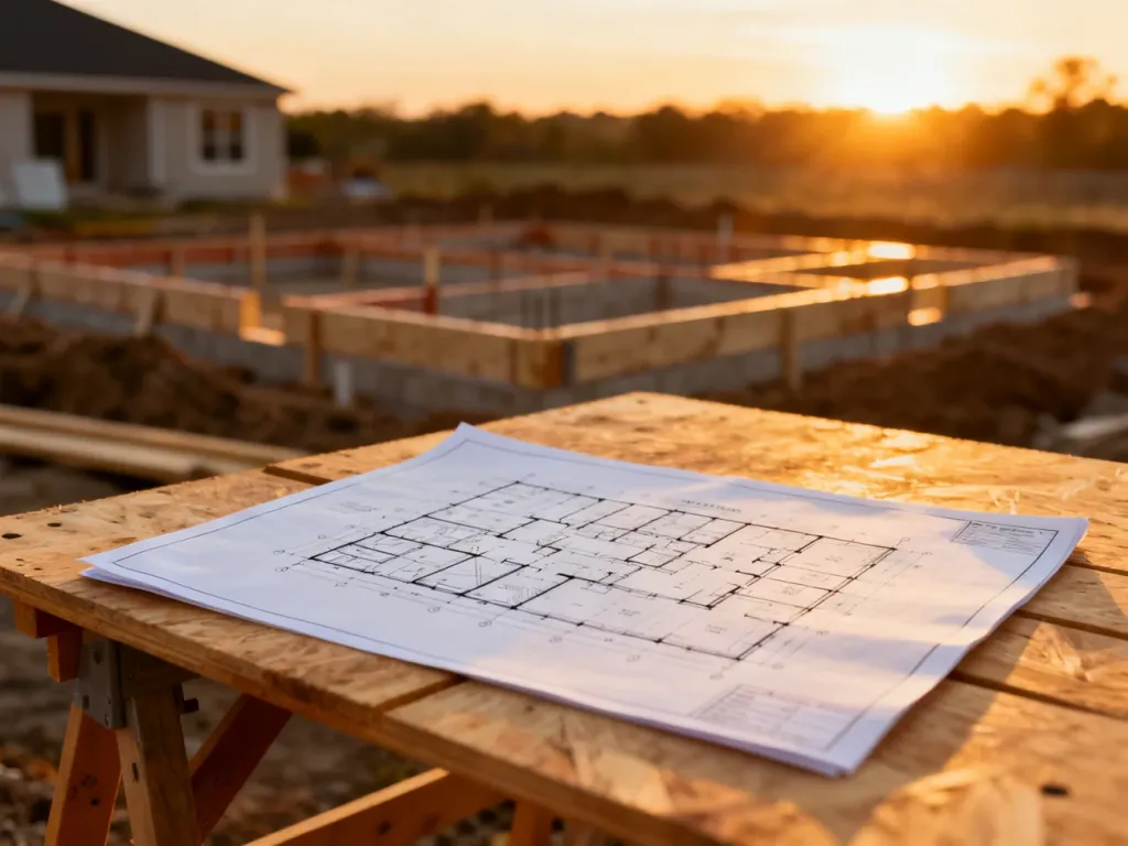 Projekt architektoniczny na stole budowlanym na tle fundamentów domu w świetle zachodzącego słońca.