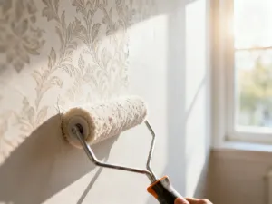 Proces nakładania tapety strukturalnej na nierówną ścianę z widocznymi narzędziami malarskimi w przytulnym wnętrzu.