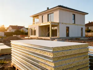 Czerwony pustak ceramiczny w świetle poranka na placu budowy, podkreślający wysoką jakość materiału budowlanego.