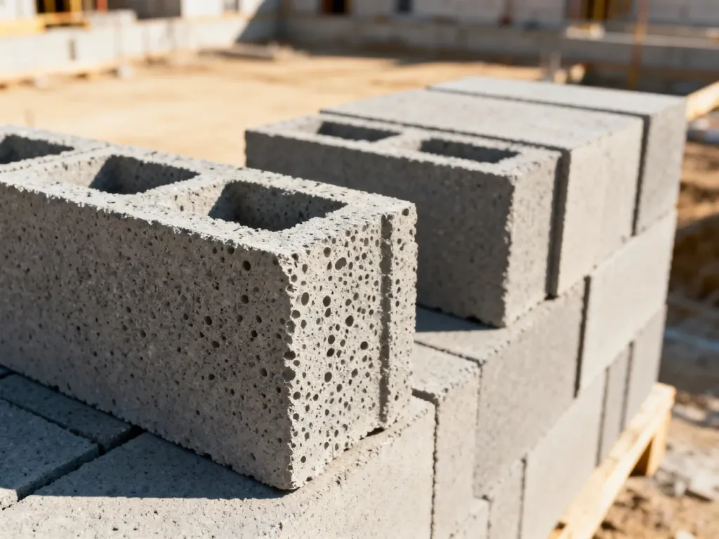 Pustaki z betonu komórkowego ułożone na placu budowy, prezentujące porowatą strukturę materiału.