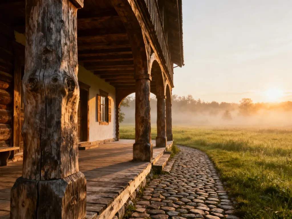 Historyczny dom podcieniowy z drewnianymi filarami na tle zamglonej łąki o wschodzie słońca.