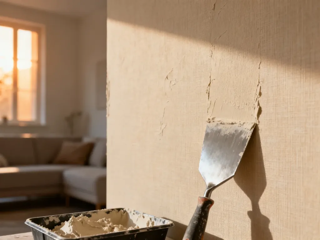 Proces nakładania tapety strukturalnej na nierówną ścianę z widocznymi narzędziami malarskimi w przytulnym wnętrzu.