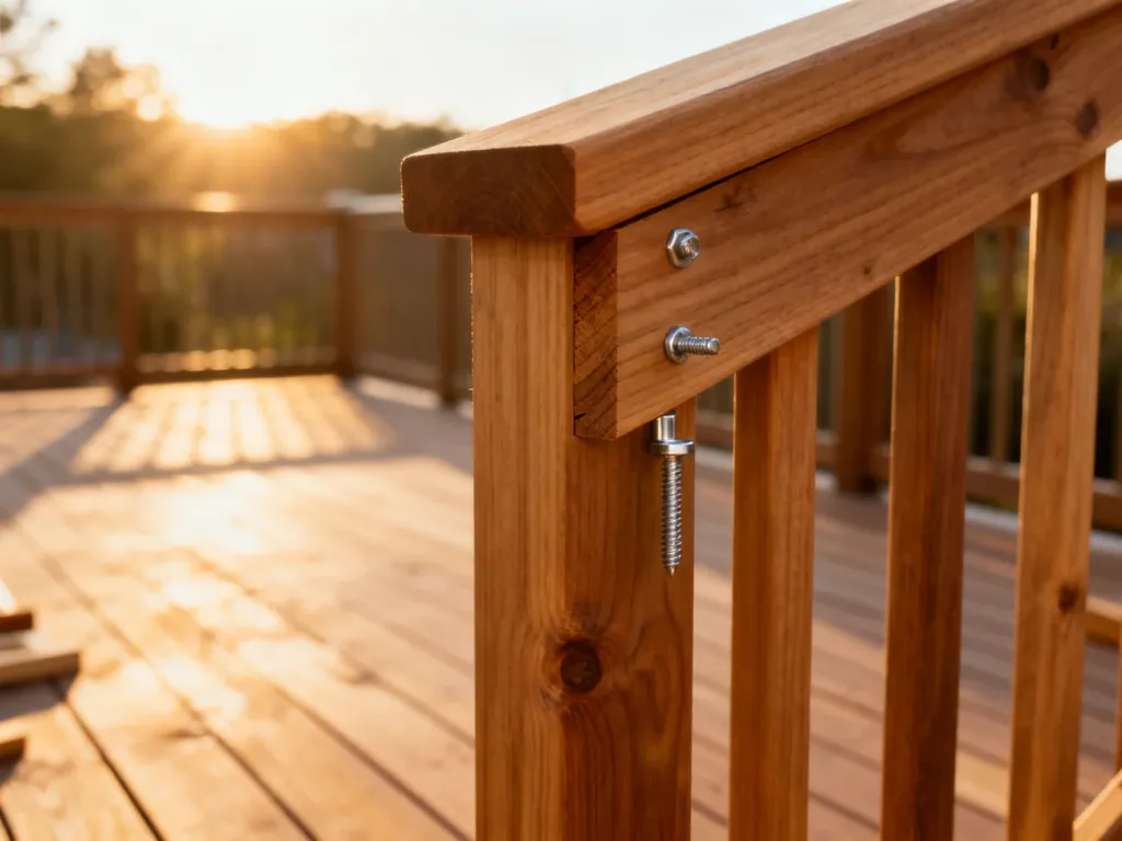 Zbliżenie na precyzyjnie wykonane elementy drewnianej balustrady tarasowej z widocznymi detalami łączeń i śrubami.