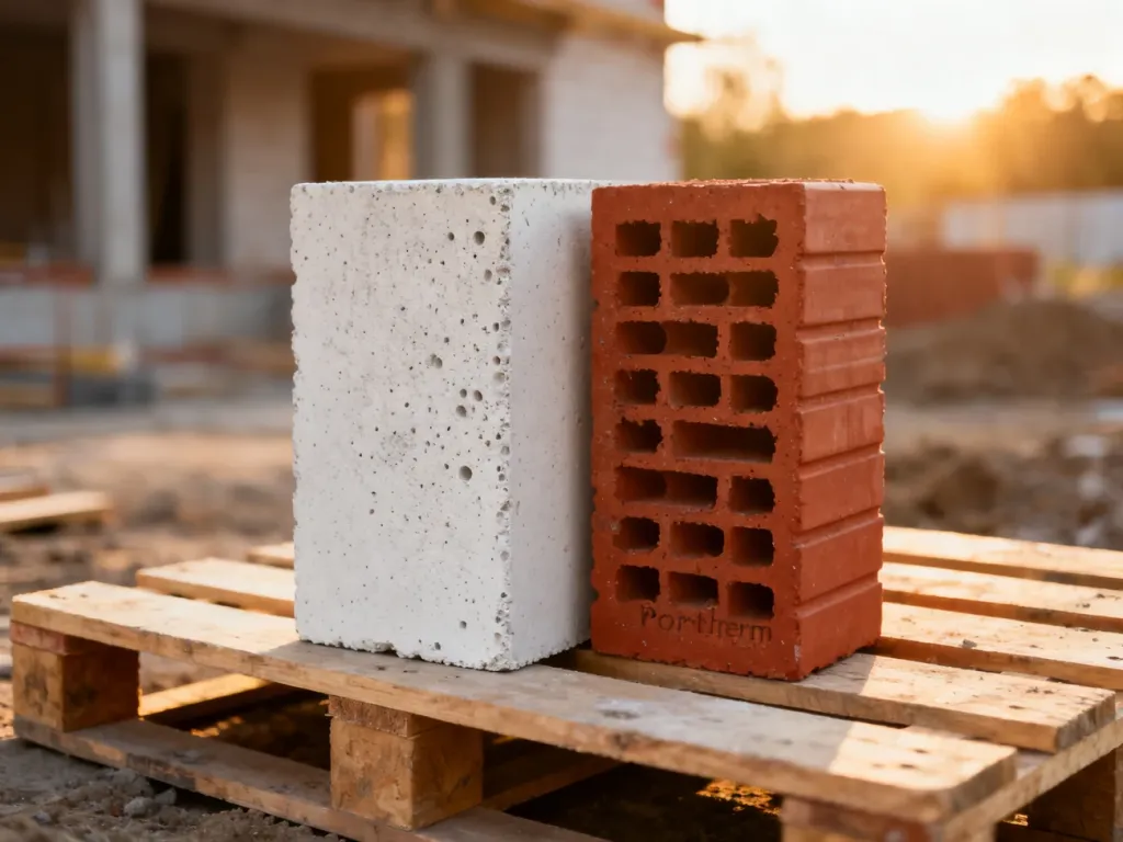 Porównanie białego betonu komórkowego Ytong i czerwonej pustaki ceramicznej Porotherm na palecie budowlanej.