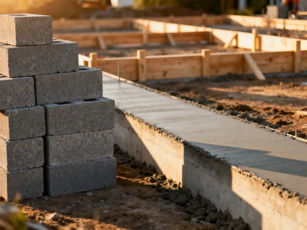 Sterta bloczków betonowych obok wylanej ławy fundamentowej na placu budowy w świetle poranka.