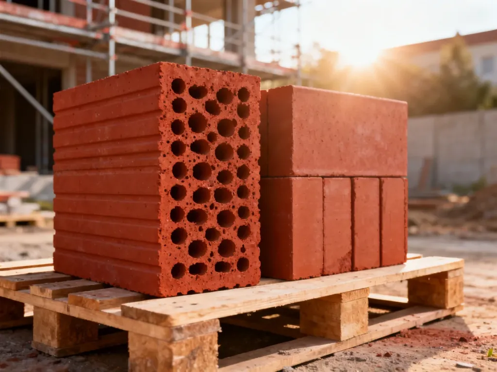 Porównanie dwóch rodzajów ceramicznych pustaków budowlanych na palecie na tle placu budowy.