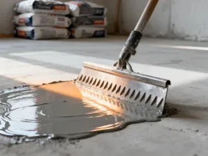 Porównanie drewnianej belki stropowej oraz gładkiej płyty betonowej na placu budowy nowoczesnego domu.