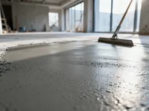 Przekrój techniczny ławy fundamentowej z widocznym zbrojeniem stalowym na podbudowie z kruszywa na placu budowy.