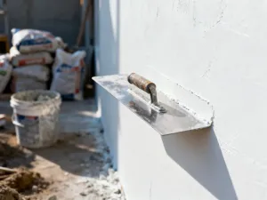Ręce pracownika budowlanego nakładające zaprawę klejową na siatkę zbrojącą zatopioną w styropianie.
