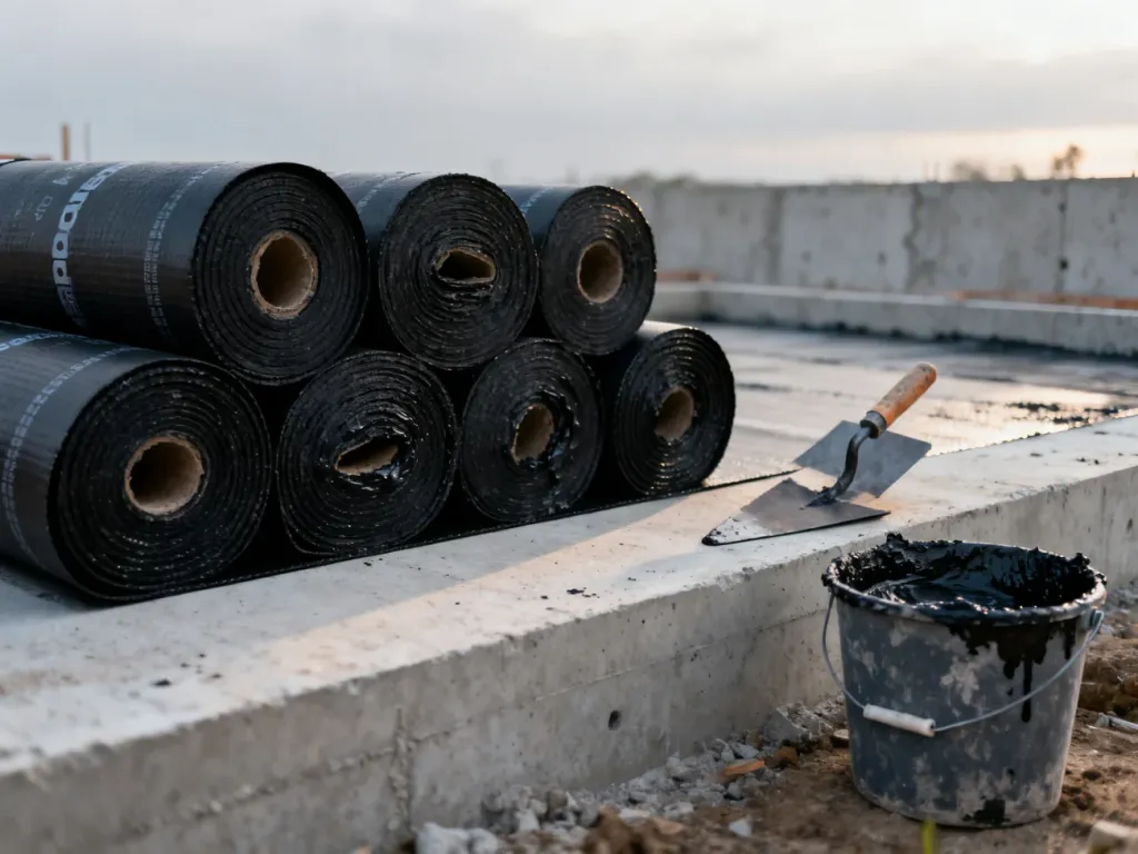 Rolki papy bitumicznej, kielnia i wiadro z masą izolacyjną przygotowane do hydroizolacji fundamentów na placu budowy.