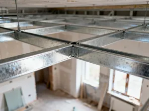 Pracownik budowlany nakłada wałkiem niebieskoszarą folię w płynie na betonową podłogę, tworząc szczelną warstwę izolacyjną.