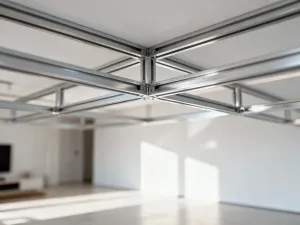 Przekrój nowoczesnej płyty fundamentowej z widocznymi warstwami izolacji i zbrojenia na tle placu budowy o wschodzie słońca.