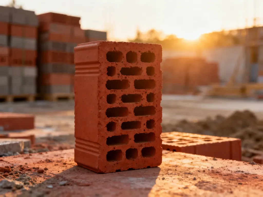 Czerwony pustak ceramiczny w świetle poranka na placu budowy, podkreślający wysoką jakość materiału budowlanego.