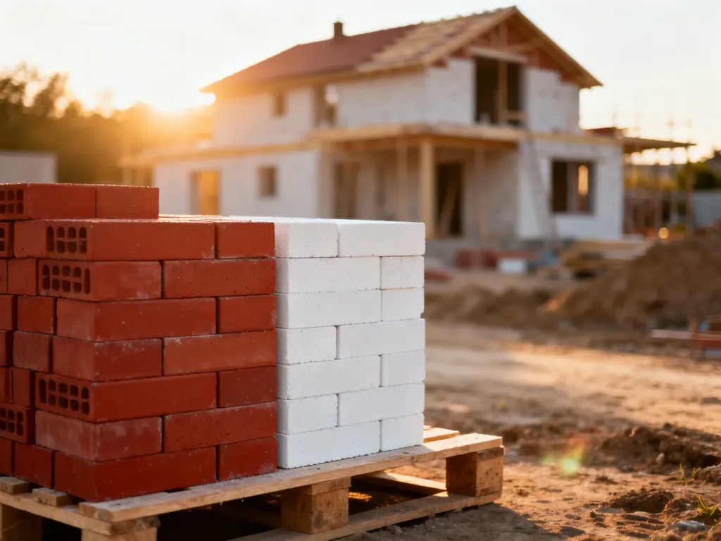 Porównanie czerwonych pustaków ceramicznych i białych cegieł silikatowych na placu budowy w świetle zachodzącego słońca.