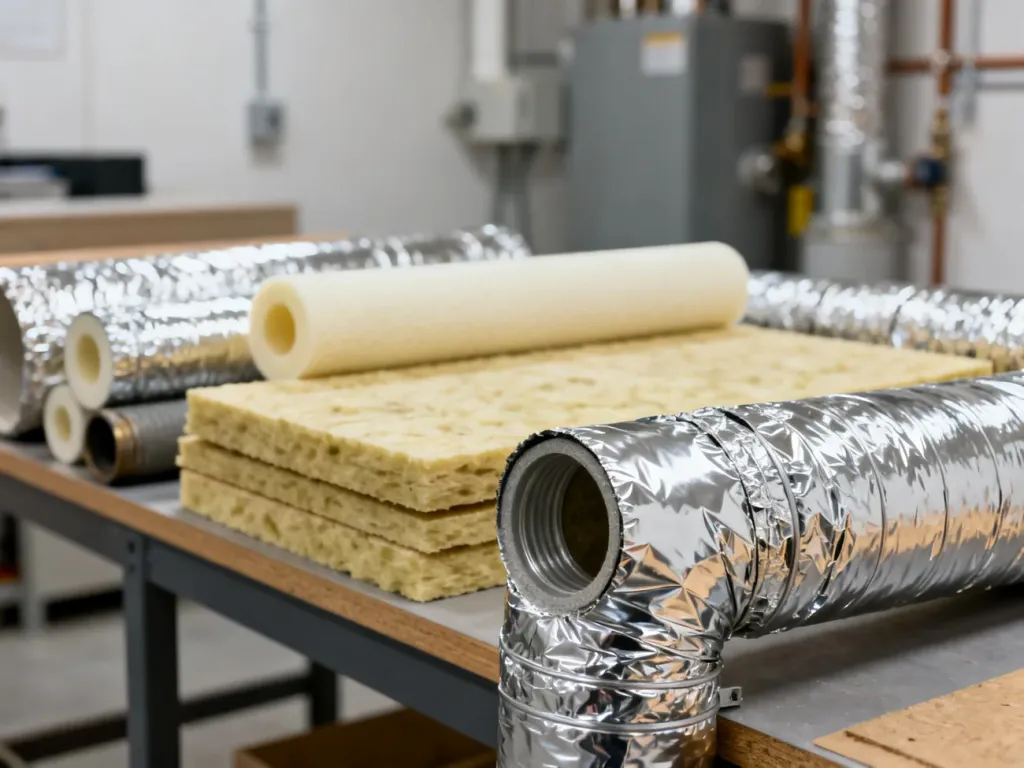Różnorodne materiały do izolacji rur, w tym otuliny z pianki i wełny mineralnej oraz rura z powłoką z folii aluminiowej.