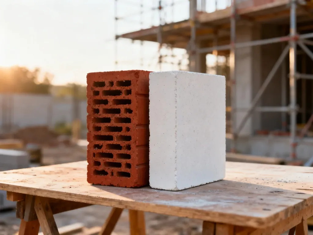 Porównanie tekstury czerwonej cegły ceramicznej i białego silikatu na placu budowy.